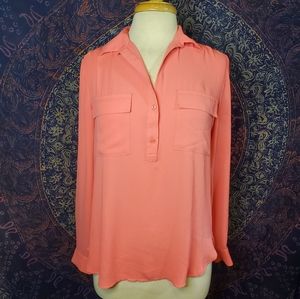Ann Taylor Coral Pink Semi Sheer Two Button Pullover Blouse Womens Size Small